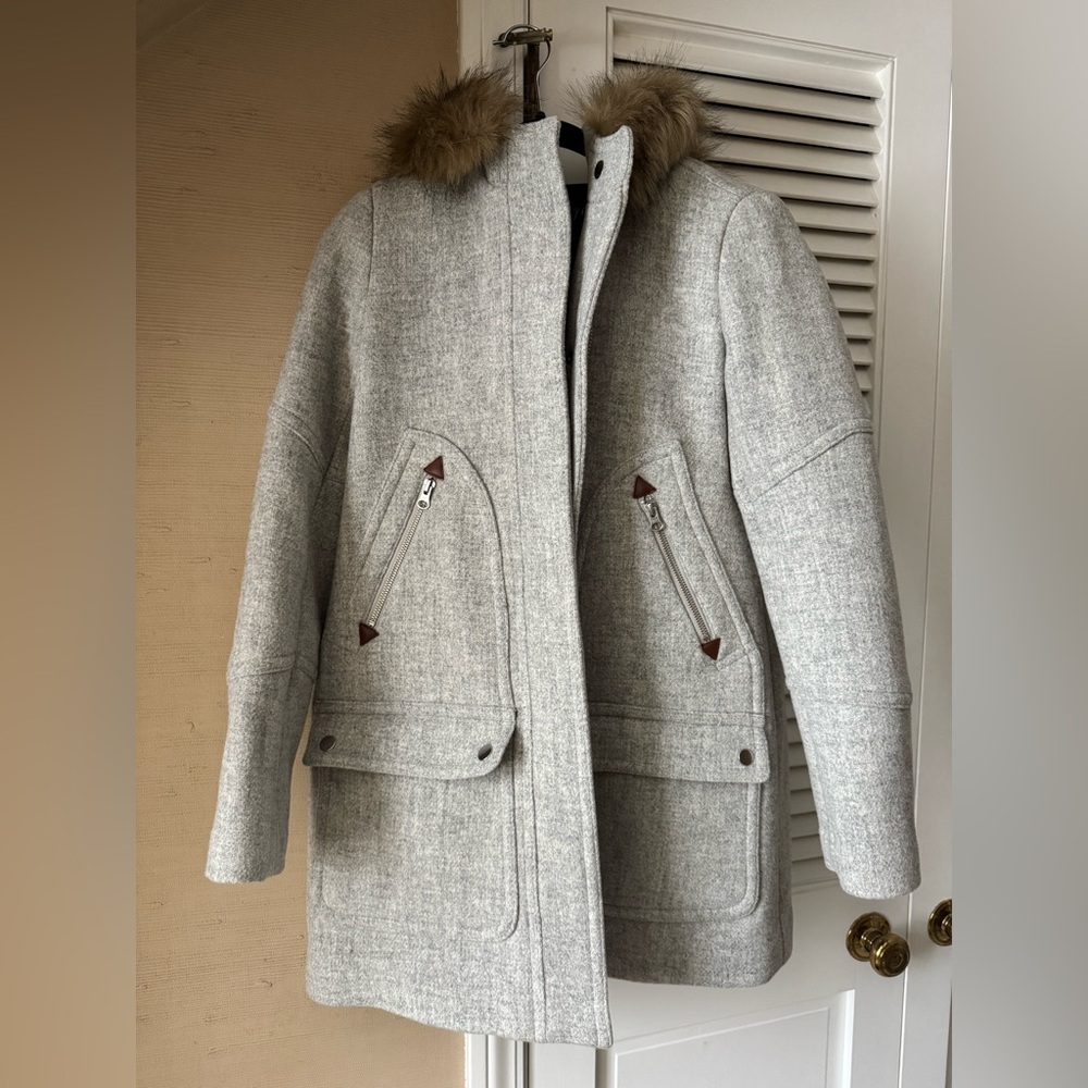JCrew Italian Stadium Cloth Wool Coat with Fur Trim Size 0